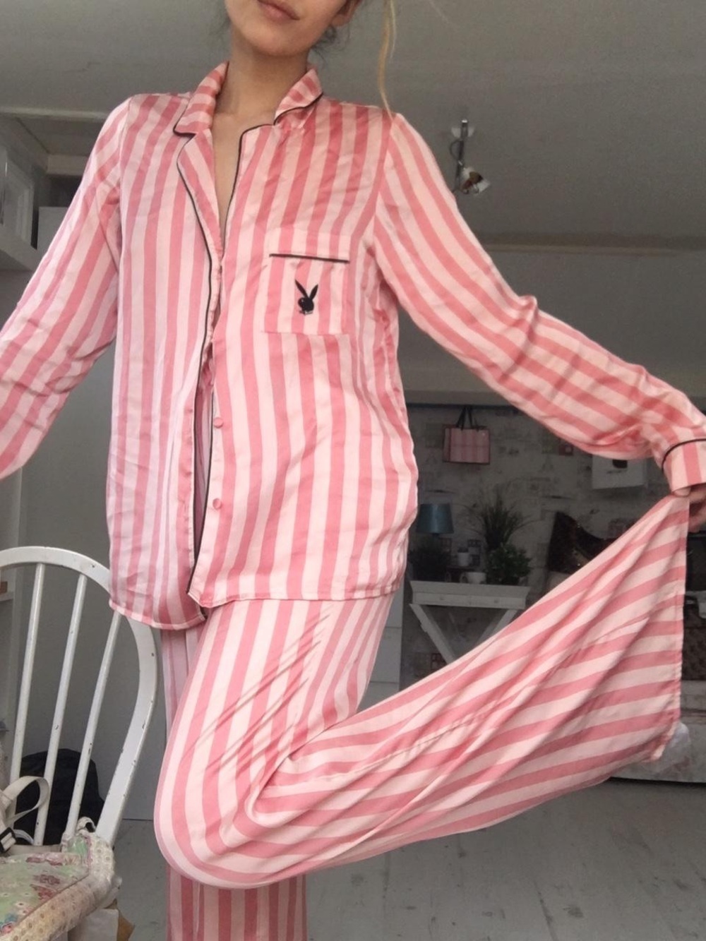 Missguided x Playboy Striped Collared Shirt And Wide Leg Trouser PJ Set